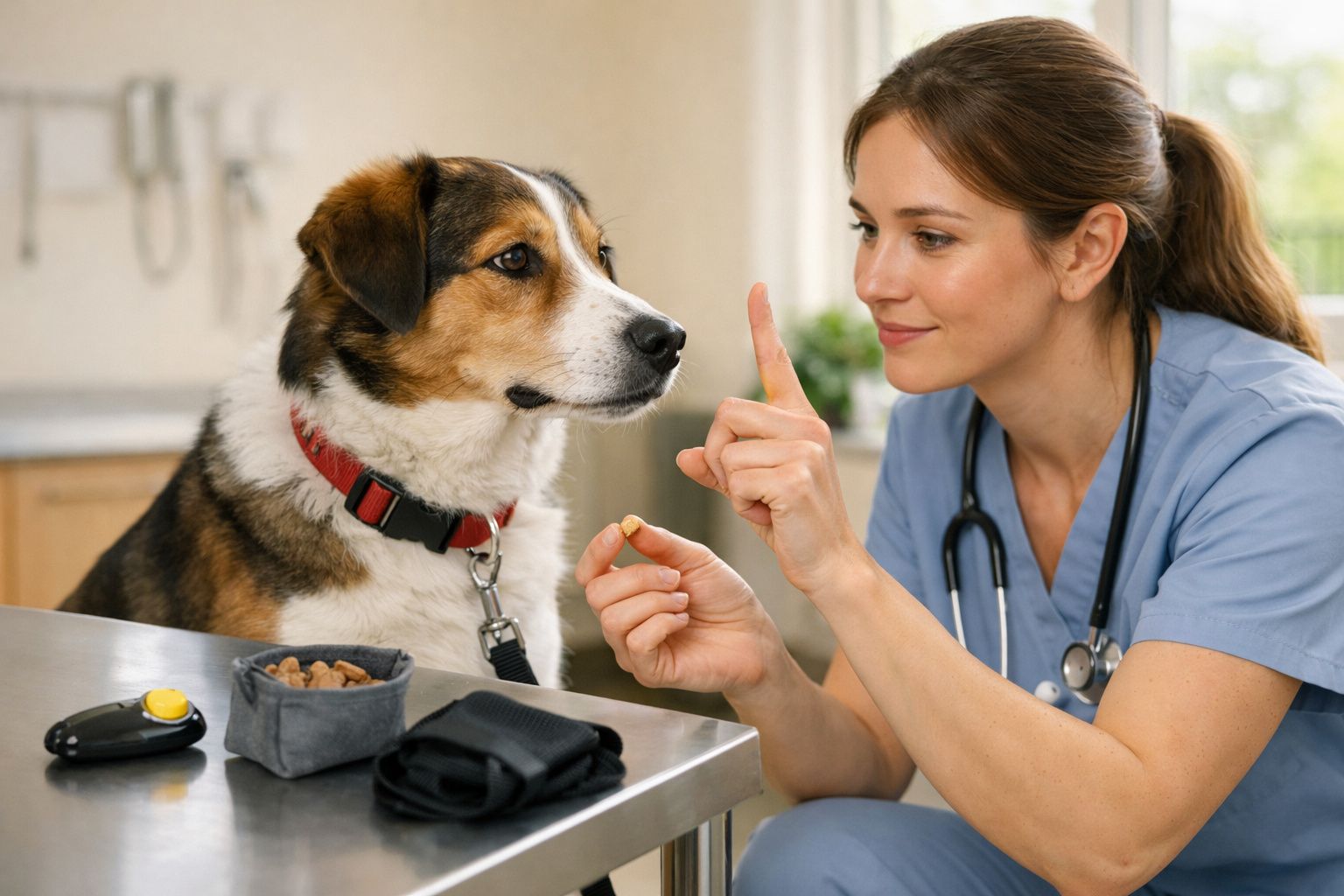 Mulher de uniforme azul dá guloseima a um cão sentado em casa, ao lado de uma mesa com brinquedos e medicamentos.