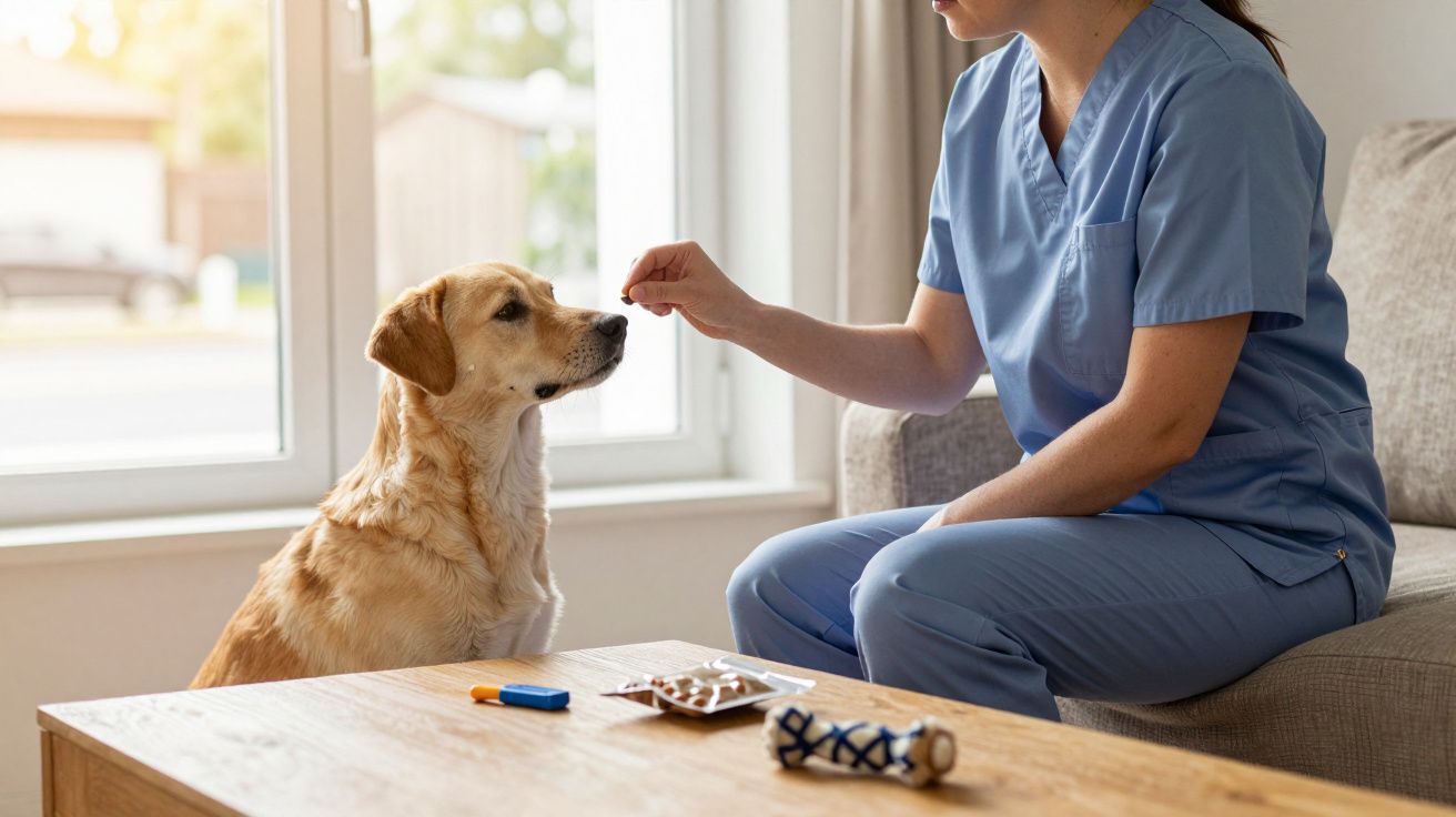 Pessoa de uniforme azul dá petisco a cão sentado em sala iluminada, com brinquedos sobre a mesa.