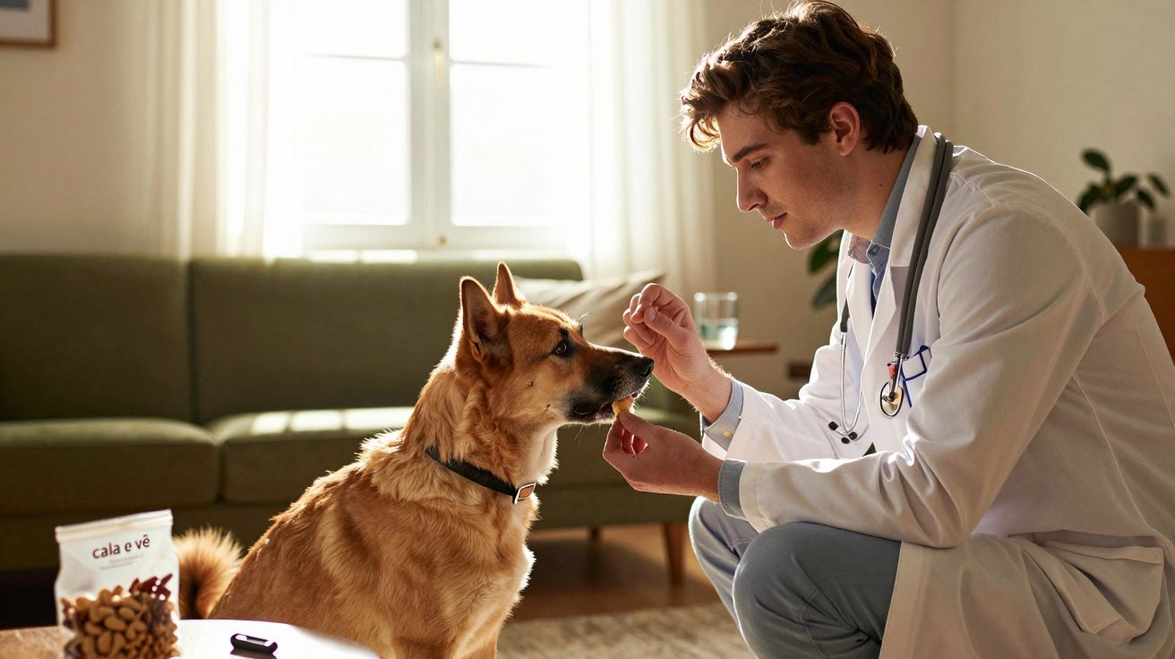 Veterinário com estetoscópio dá biscoito a cão sentado na sala iluminada.