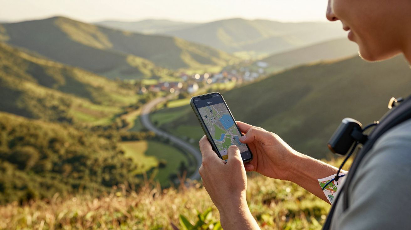 Pessoa usando smartphone com mapa, num cenário de montanhas e aldeia ao fundo.