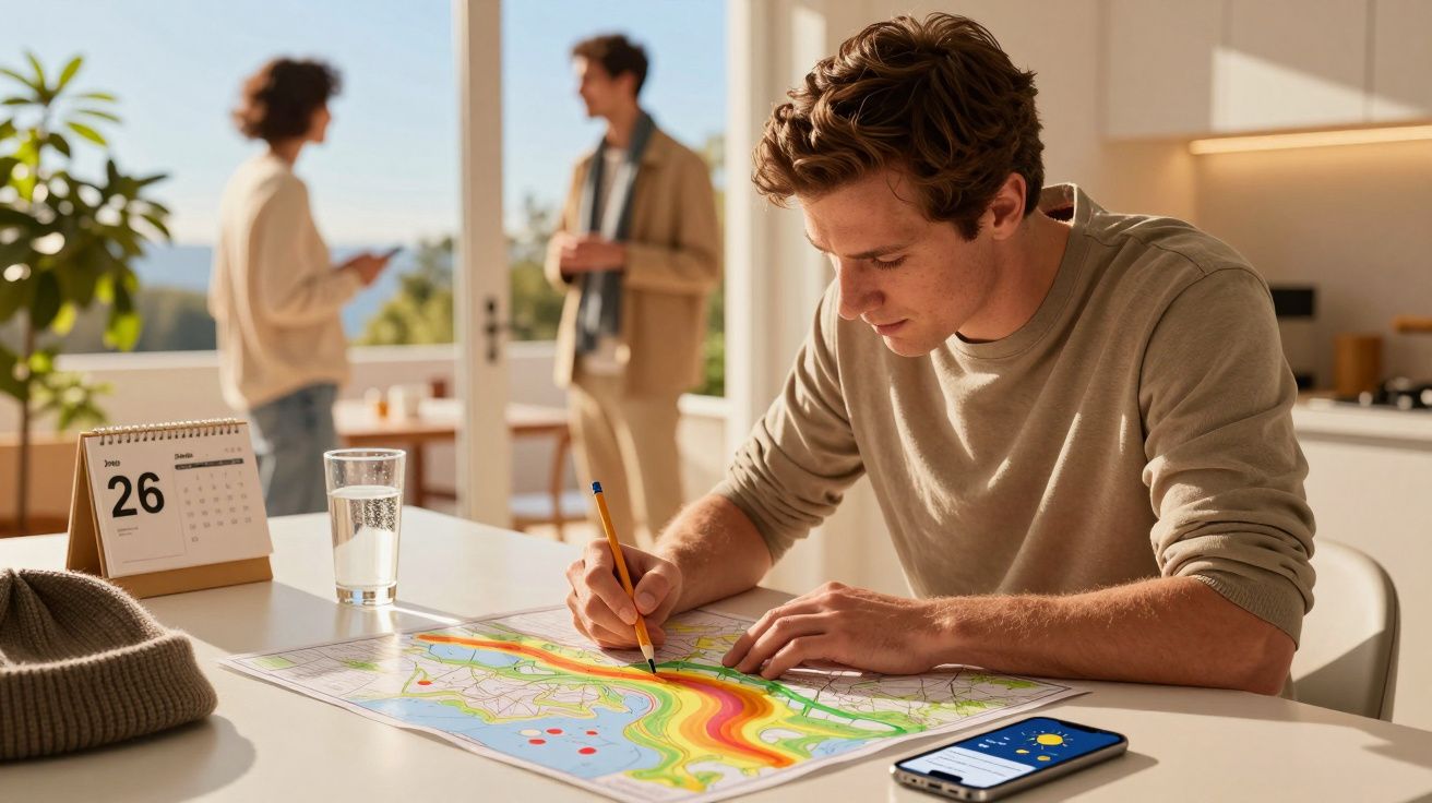 Homem a desenhar num mapa em cima de uma mesa, com um calendário, gorro e telemóvel ao lado; duas pessoas ao fundo.