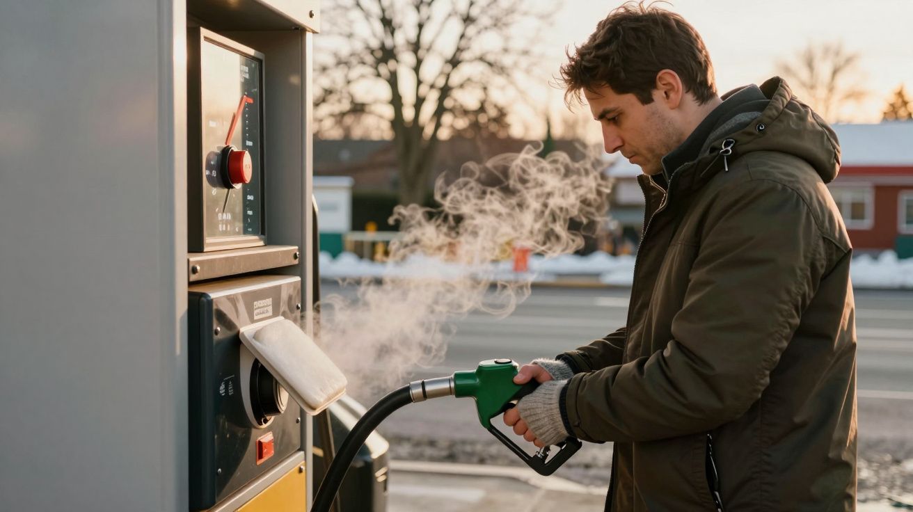 Homem com casaco abastece carro numa bomba de gasolina ao ar livre, num dia frio com vapor visível.