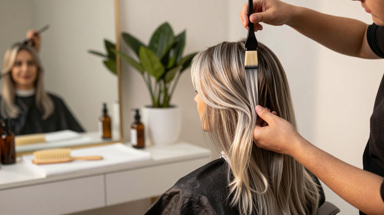 Mulher no salão a ter cabelo pintado, sentada de frente para o espelho.