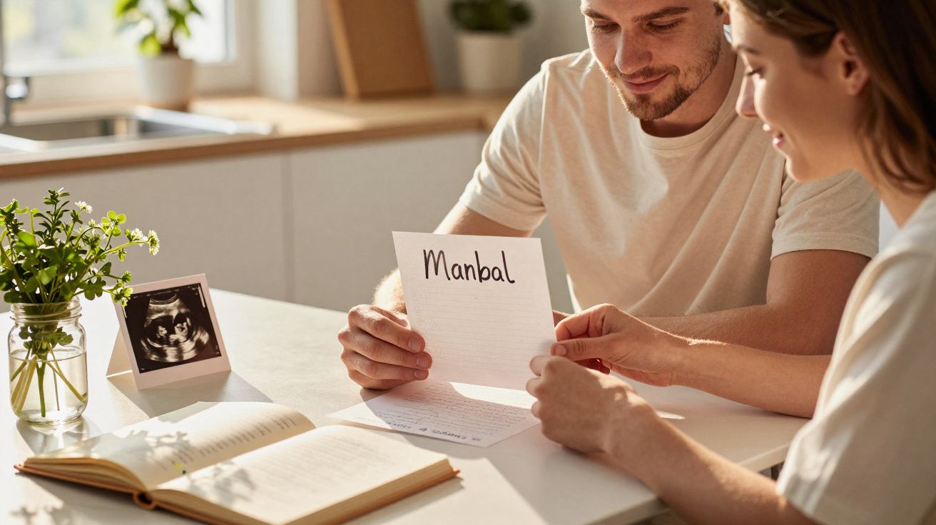 Casal sentado à mesa revendo uma folha com a palavra "Manbal", com uma ultrassonografia ao lado.
