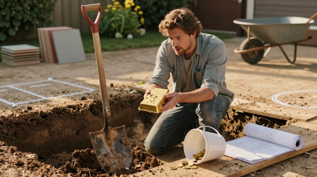 Homem ajoelhado numa escavação segura bloco dourado, ao lado de pá e balde de moedas, num jardim.