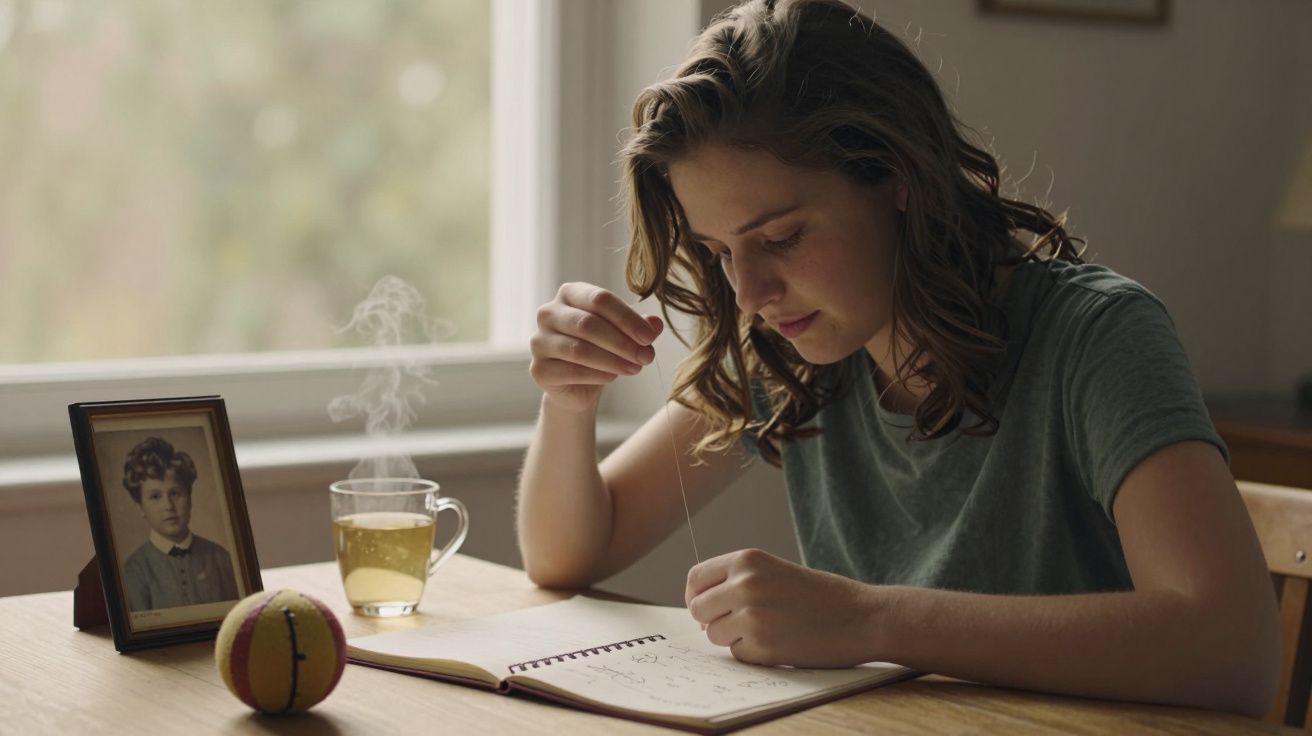 Jovem sentada à mesa, costurando um caderno. Moldura com foto antiga e chá fumegante ao lado.