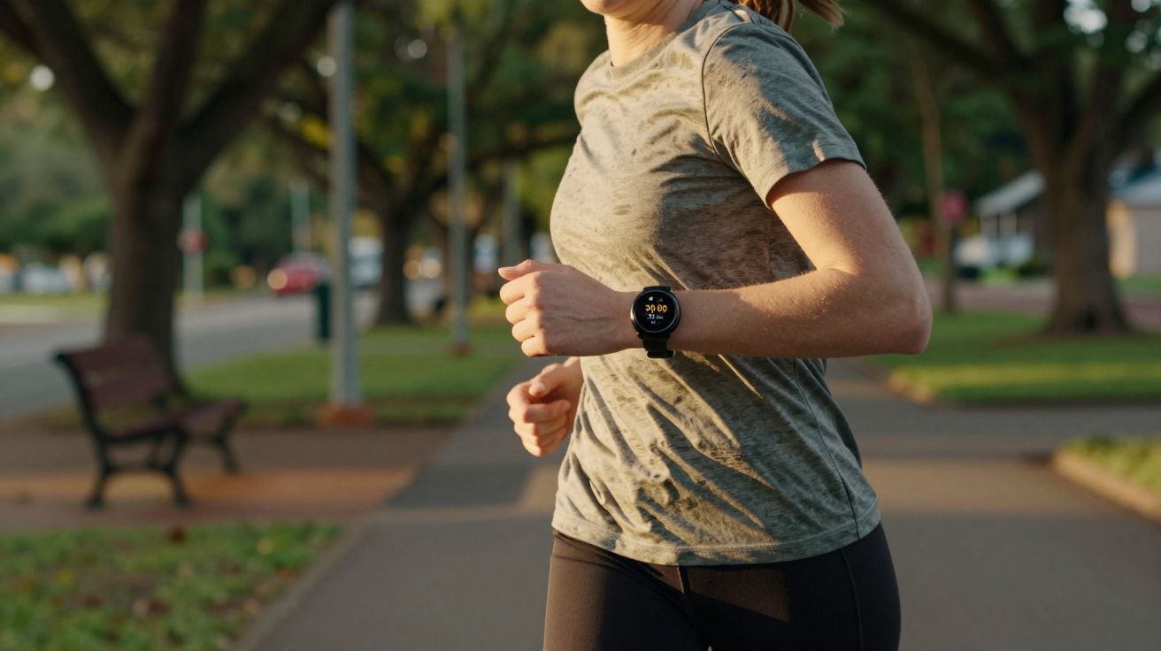 Mulher a correr num parque, vestindo t-shirt cinzenta e relógio inteligente preto.