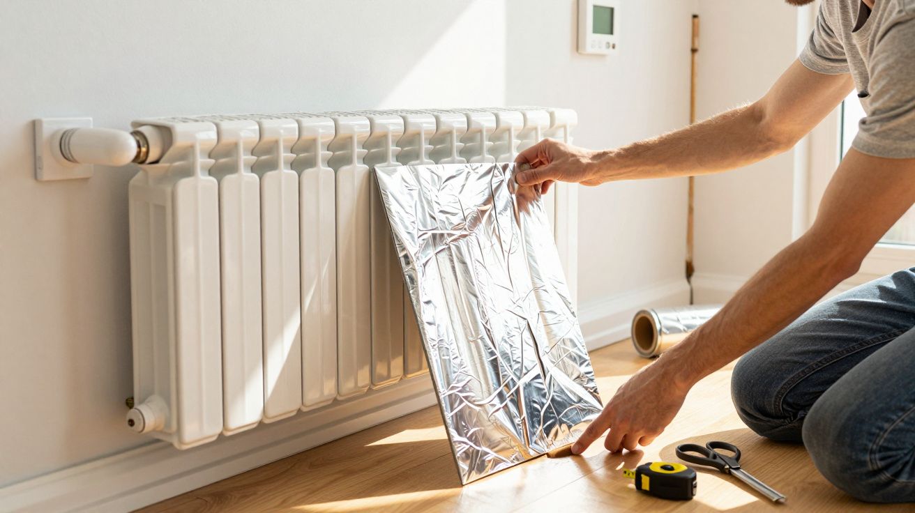 Pessoa instala folha refletora atrás de radiador branco numa sala iluminada.