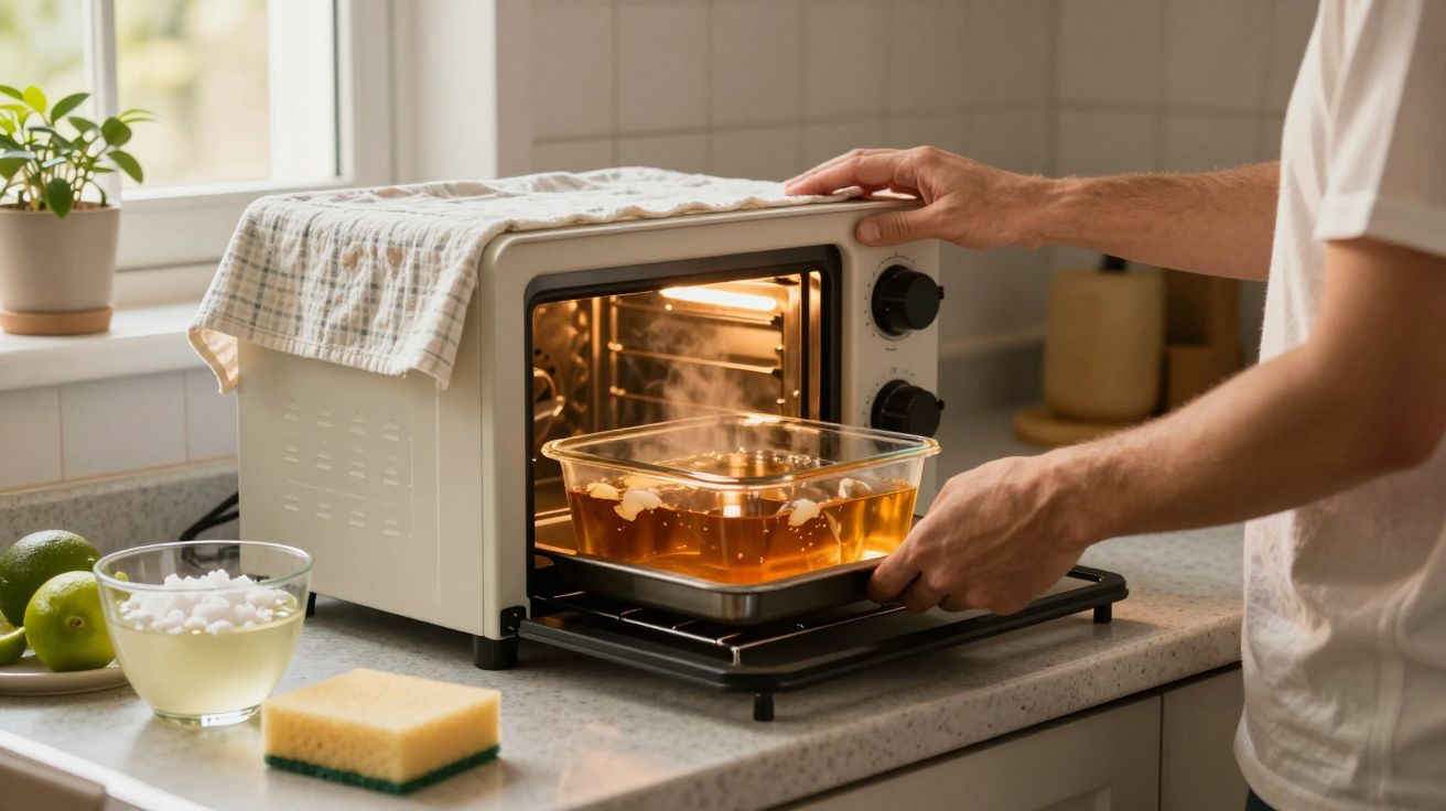 Pessoa a colocar um prato de vidro com líquido no forno elétrico, sobre bancada de cozinha, com esponja e fruta ao lado.