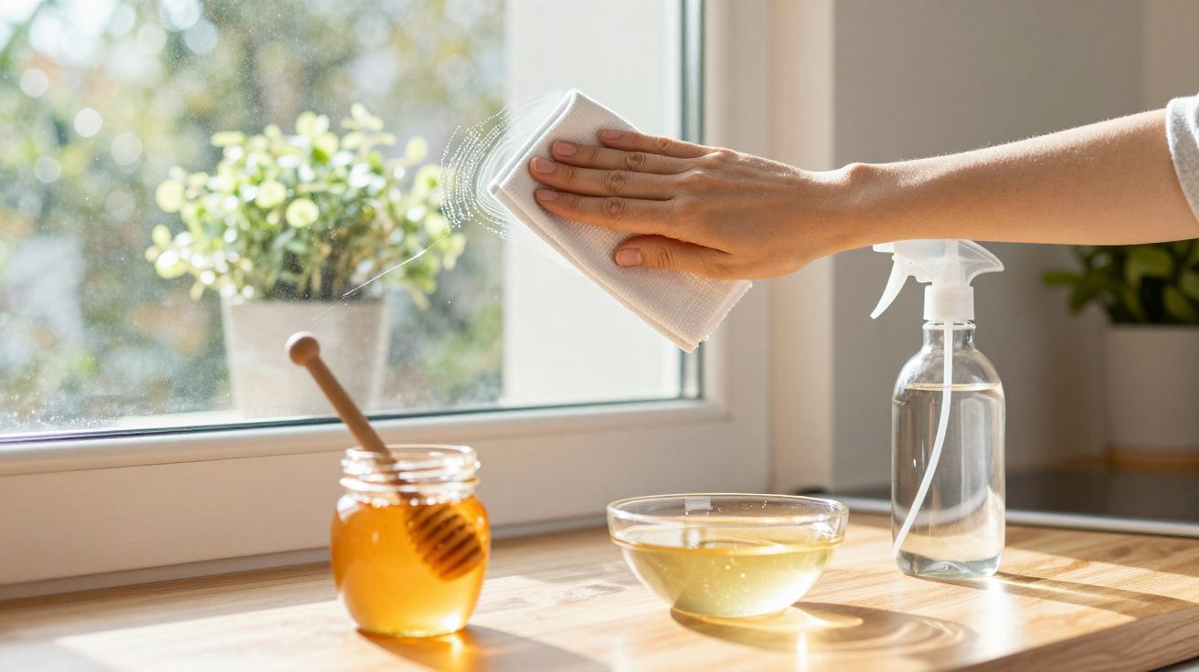 Mão limpa janela com pano; mel, água e planta ao fundo.