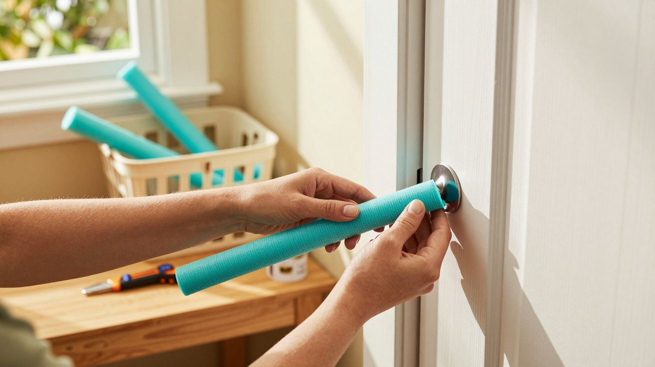 Pessoa instala uma proteção azul em volta de um cano junto a uma porta branca.