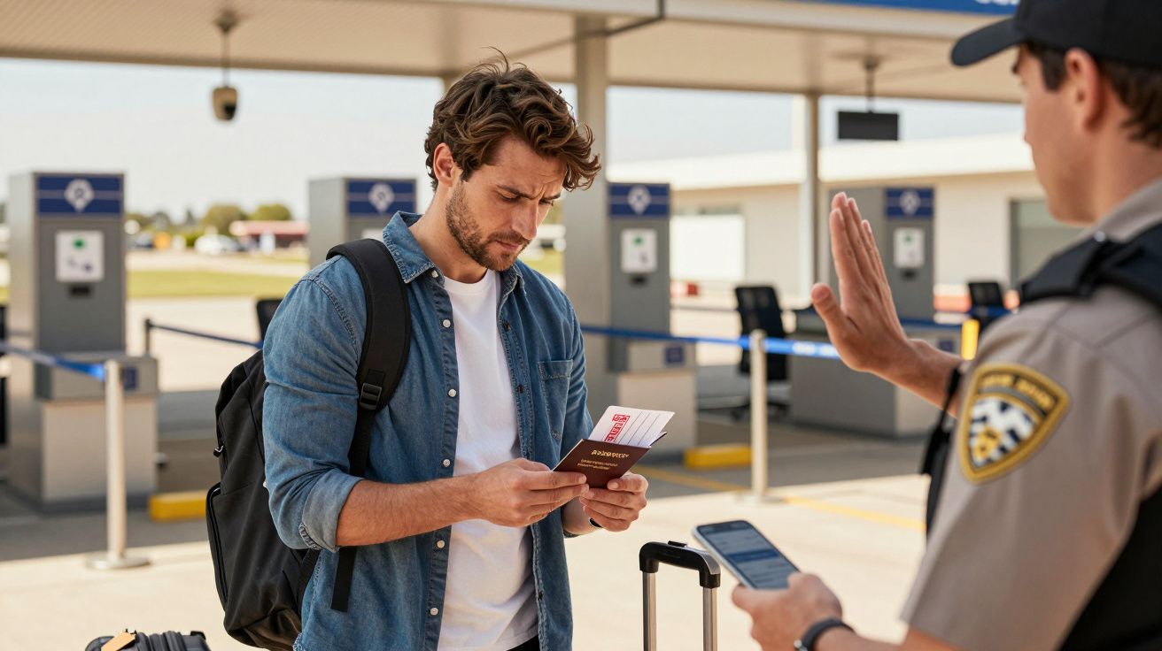 Homem no controlo de segurança do aeroporto, mostrando passaporte a um agente com a mão levantada.