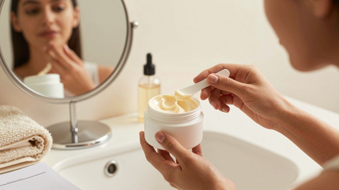 Mulher a aplicar creme facial com espátula, espelho e toalha no lavatório.