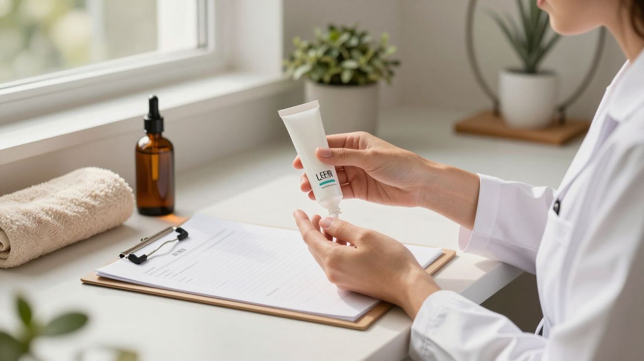 Pessoa aplica creme nas mãos, sentada à mesa com toalha, frasco âmbar e plantas ao fundo.