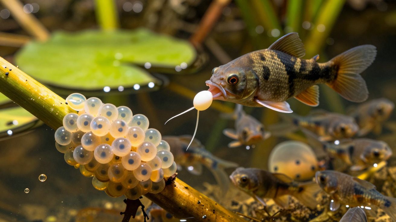 Peixe perto de ovos transparentes em ramo submerso, fundo aquático com plantas verdes.