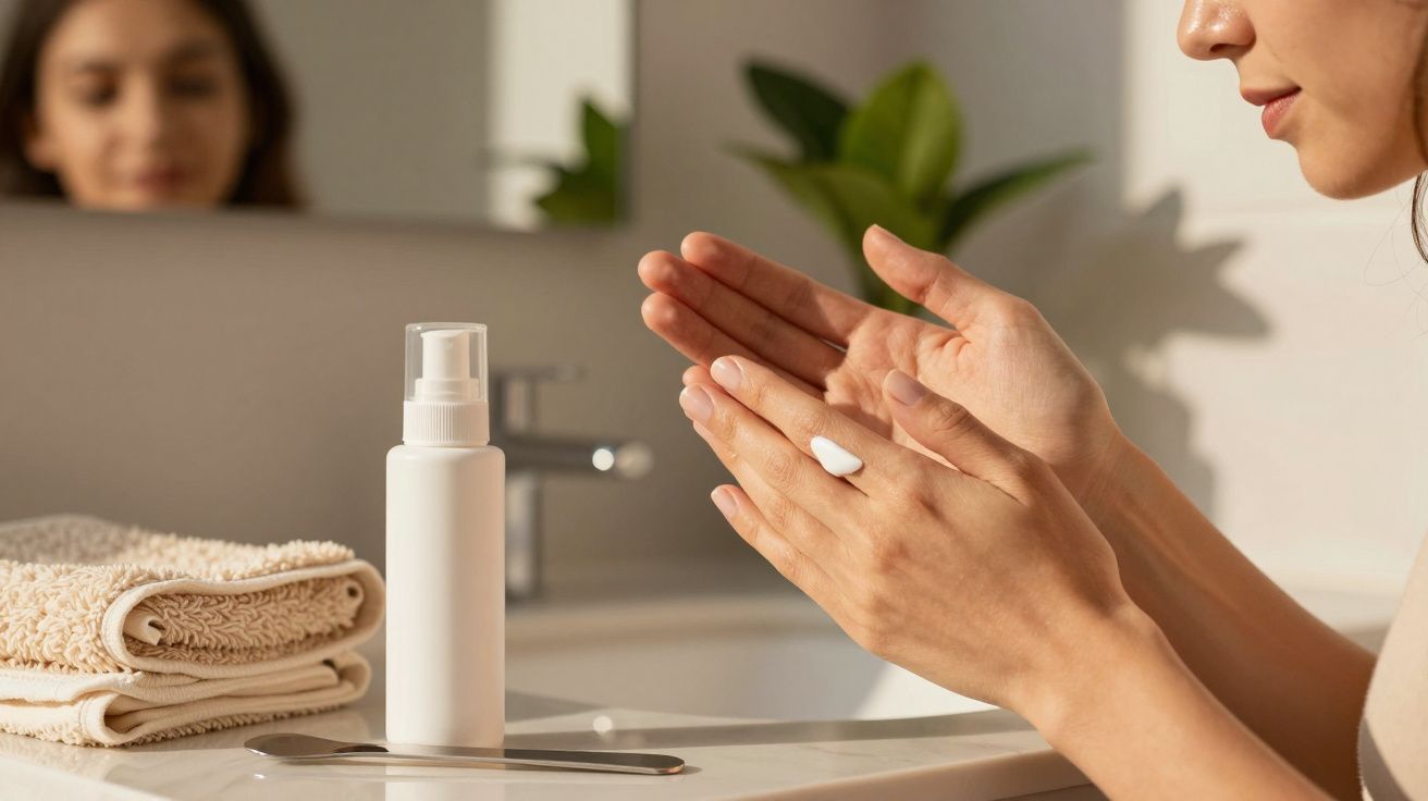 Mulher aplicando creme nas mãos em casa de banho iluminada, com toalhas dobradas e planta ao fundo.