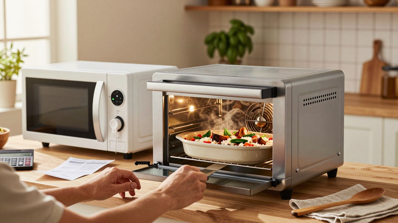 Pessoa a usar um mini forno que está a cozinhar um prato com legumes, ao lado de um micro-ondas numa cozinha.