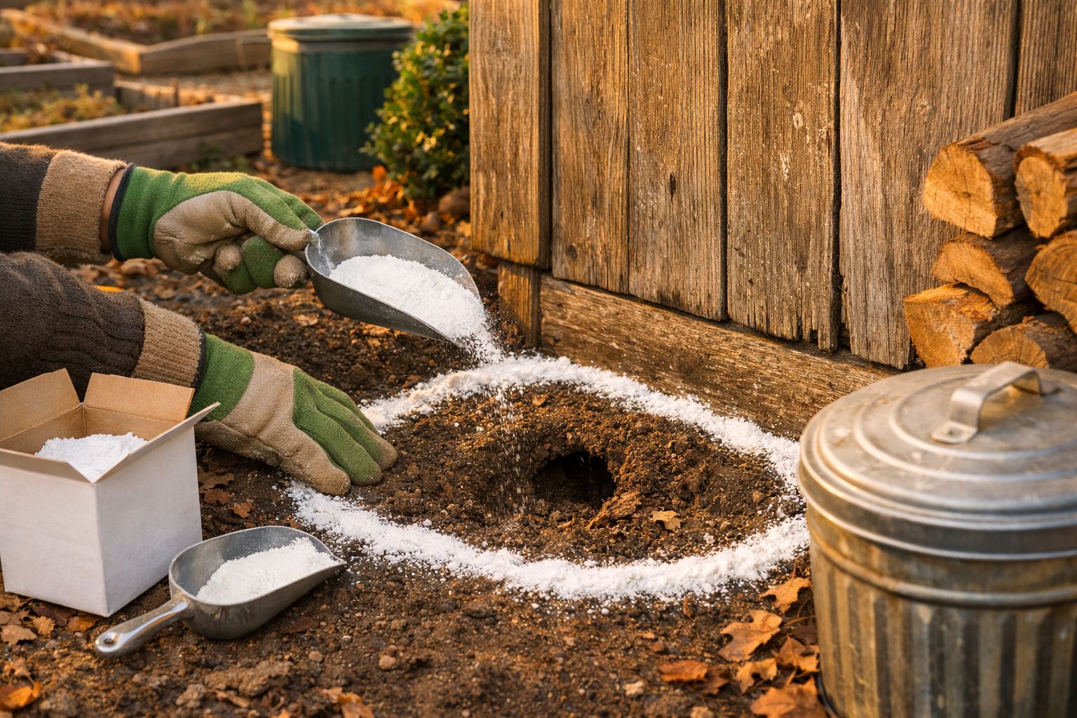 Pessoa adiciona fertilizante a buraco na terra em jardim. Há luvas, regador e pá ao lado.