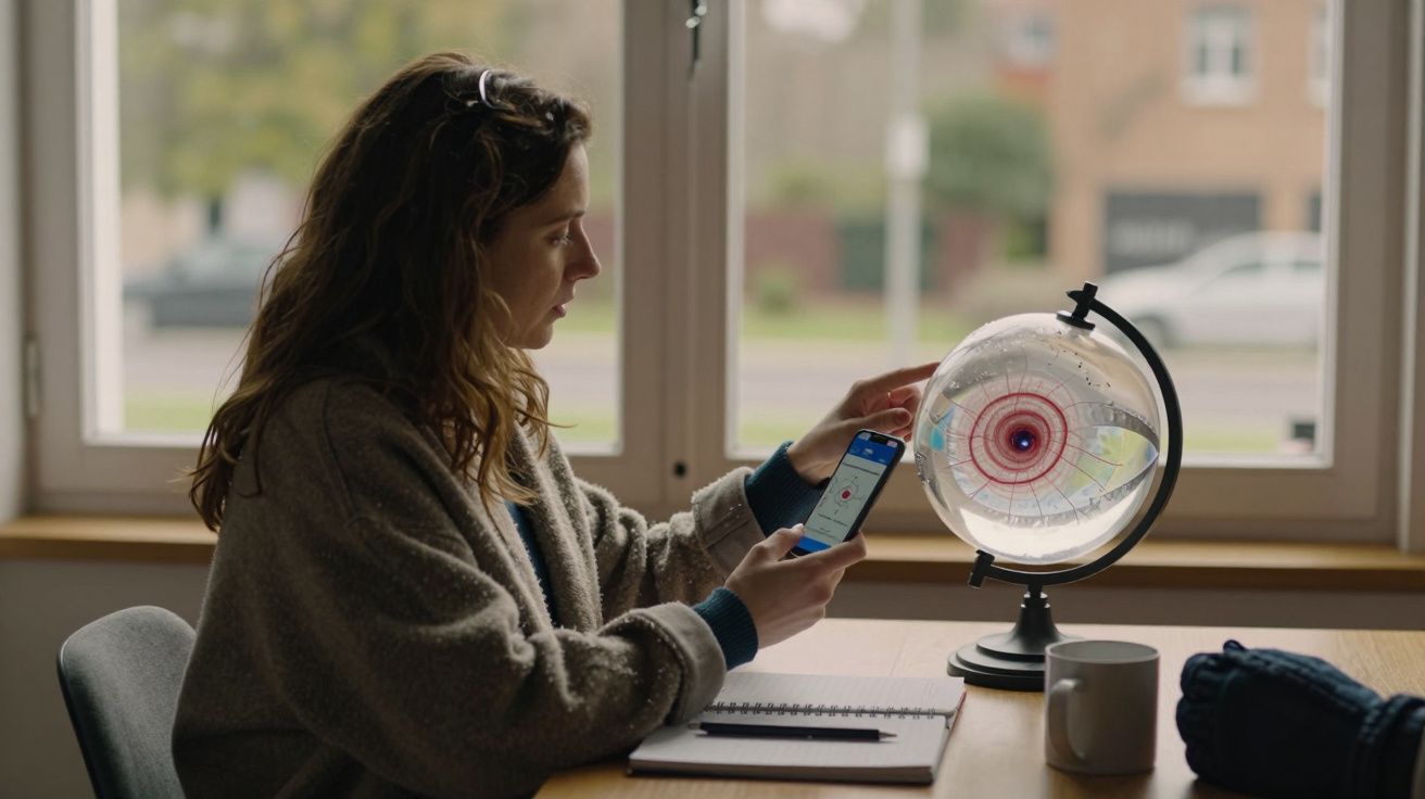 Mulher consulta telemóvel ao lado de um globo terrestre transparente, sentada à mesa com caderno e caneca.