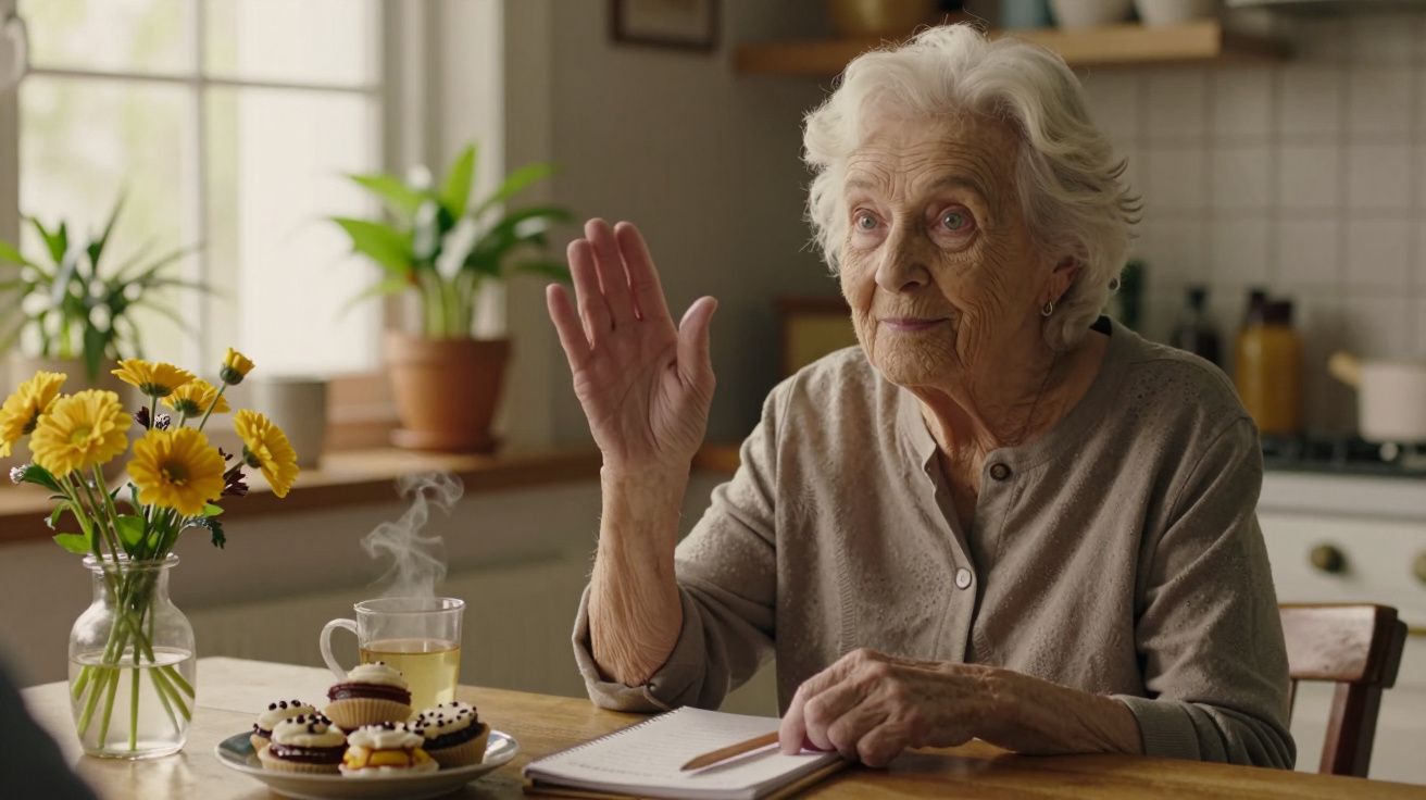 Idosa acena enquanto está sentada à mesa com chá e doces, flores amarelas ao lado.