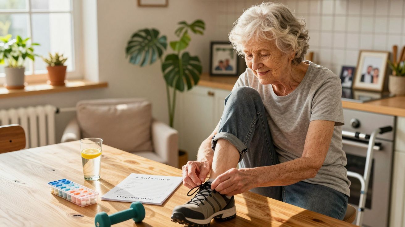 Idosa amarra ténis em casa, numa cozinha iluminada, com um copo de água, haltere e organizador de comprimidos na mesa.