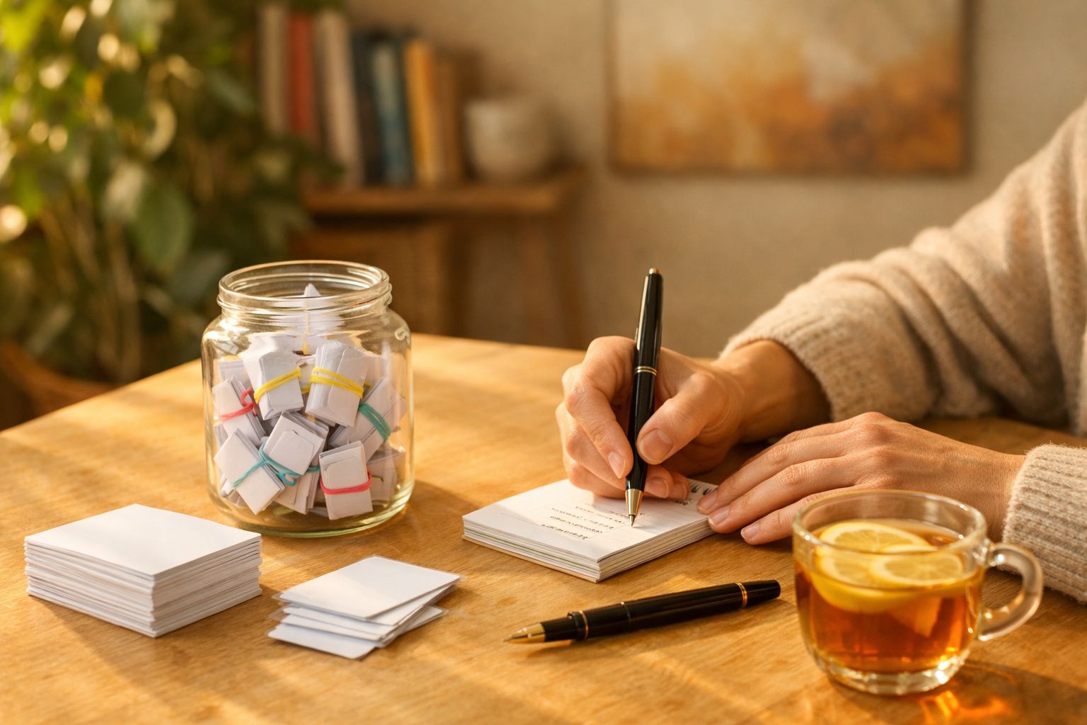 Pessoa escreve num caderno numa mesa com chá, pedras, cartas e telemóvel.