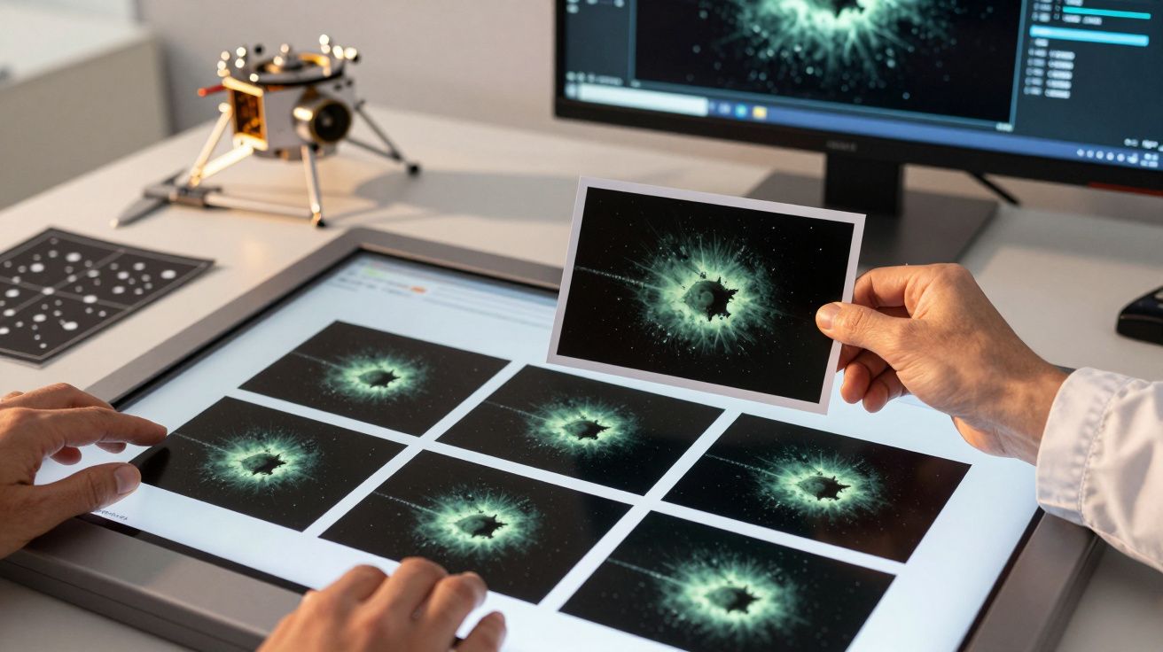 Pessoa analisa imagens espaciais em tela digital, segurando uma foto de buraco negro; computador no fundo.