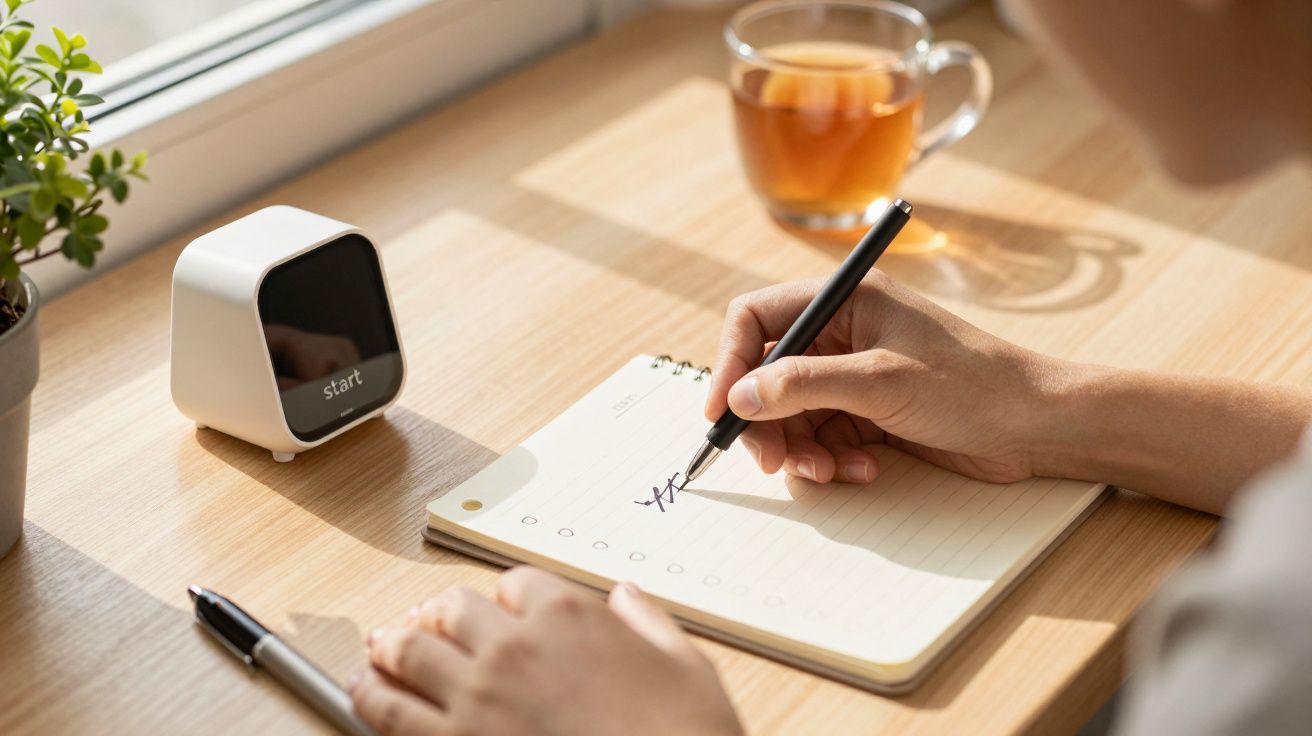 Pessoa escreve em caderno numa mesa de madeira, com chá e relógio digital ao lado.