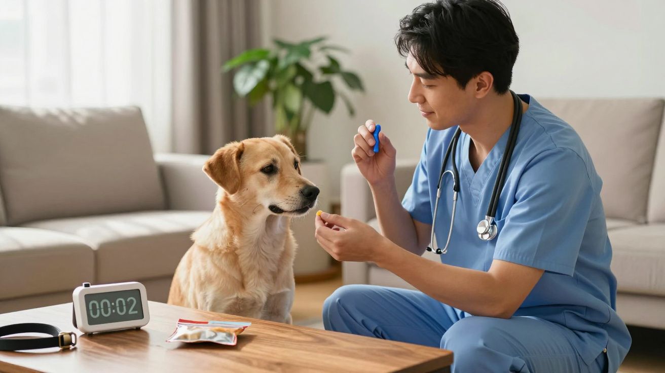 Veterinário em uniforme azul dá um petisco a um cão sentado numa sala de estar, com um relógio e plantas ao fundo.