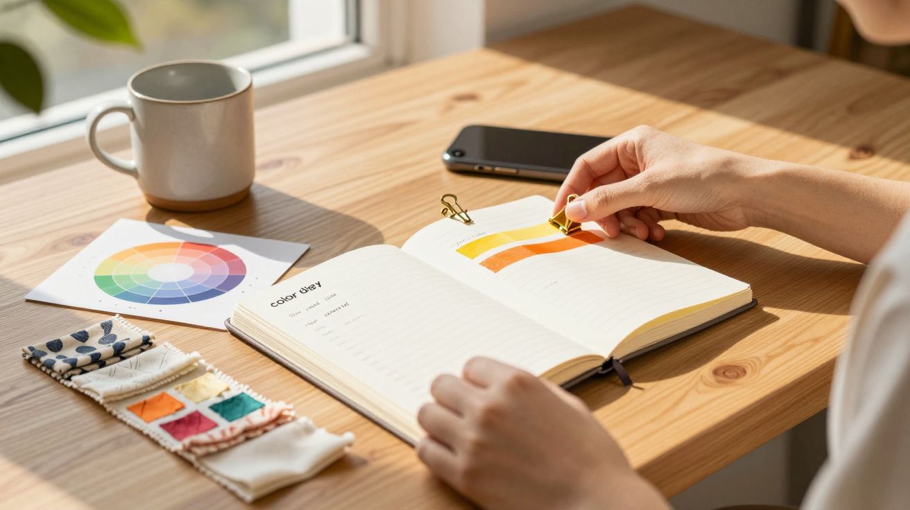 Pessoa a colar autocolantes coloridos num caderno, com amostras de tecido e roda de cores na mesa de madeira.