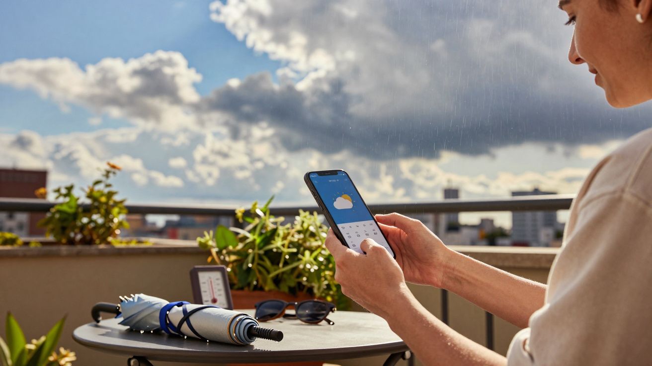 Pessoa numa varanda consulta previsão do tempo no telemóvel, com mesa ao lado contendo óculos de sol e guarda-chuva.