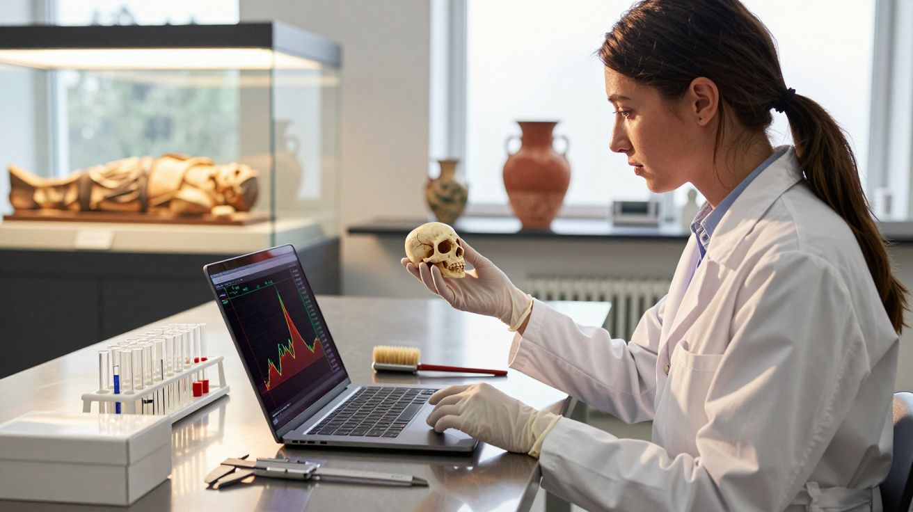Cientista em laboratório analisa crânio com gráfico no portátil, ao lado de tubos de ensaio.