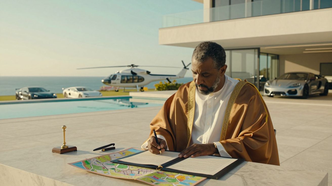 Homem elegante escreve em mesa ao ar livre, com helicóptero e carros de luxo ao fundo, junto a piscina e mar.