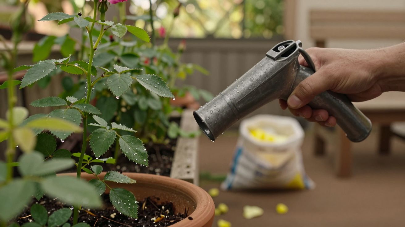 Mão segurando regador de metal, molhando plantas em vasos num jardim interior.