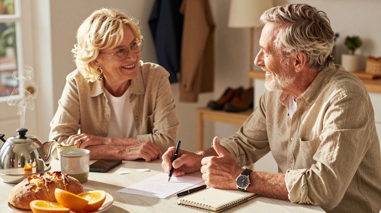 Casal maduro sorrindo à mesa com chá, pão e laranjas na cozinha iluminada.