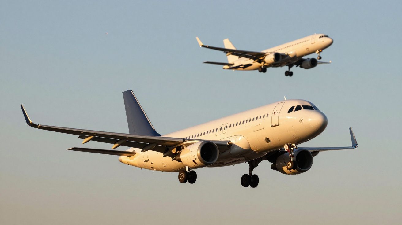 Dois aviões comerciais a sobrevoar em céu limpo, prontos para aterragem.