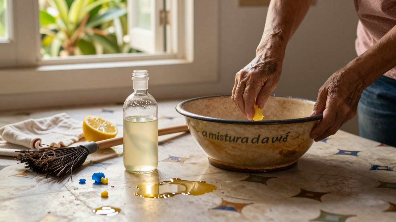 Mãos preparando mistura em tigela de cerâmica, com limão, garrafa e vassoura sobre a mesa perto de janela aberta.