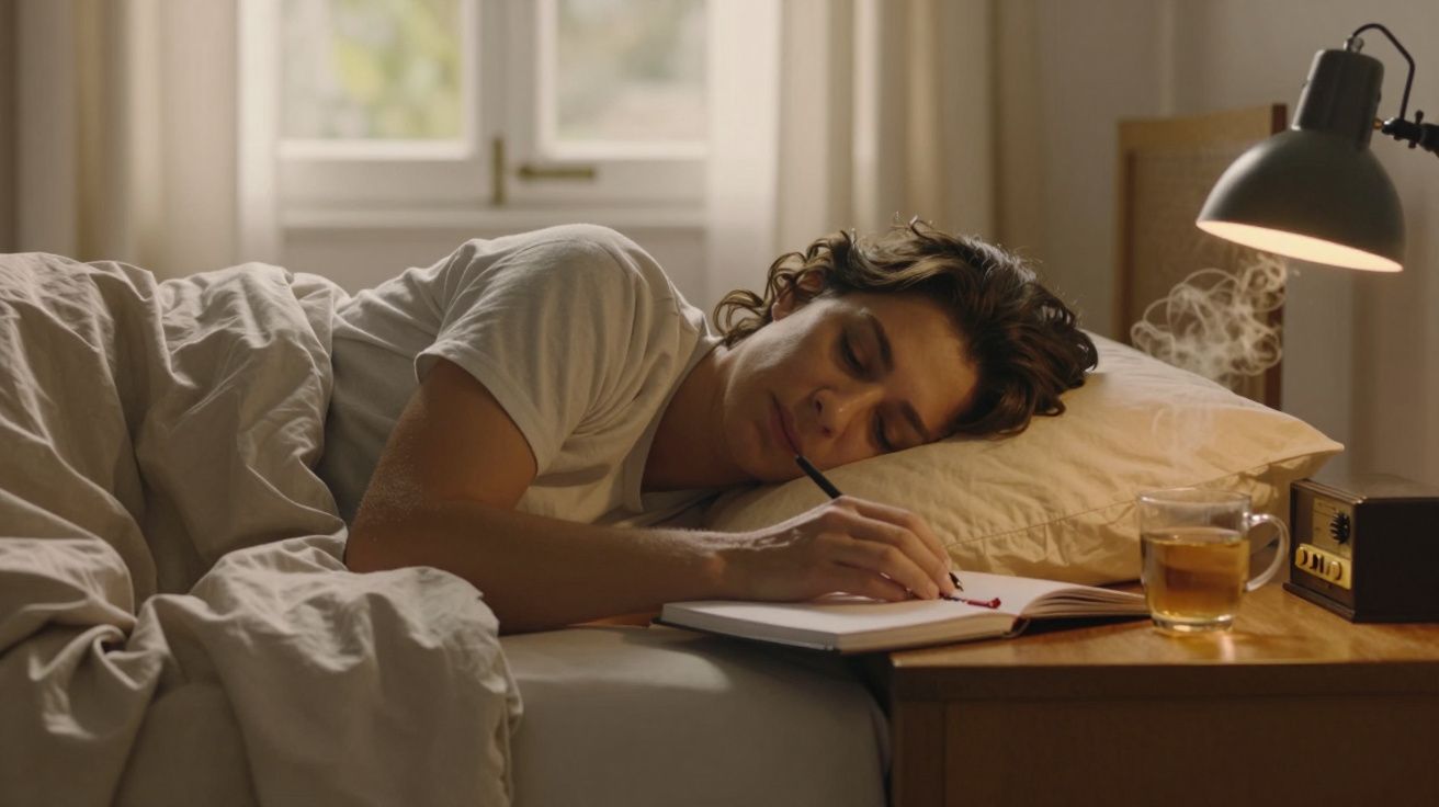 Mulher adormece a escrever num bloco de notas na cama, com uma chávena de chá e uma lâmpada acesa na mesa de cabeceira.