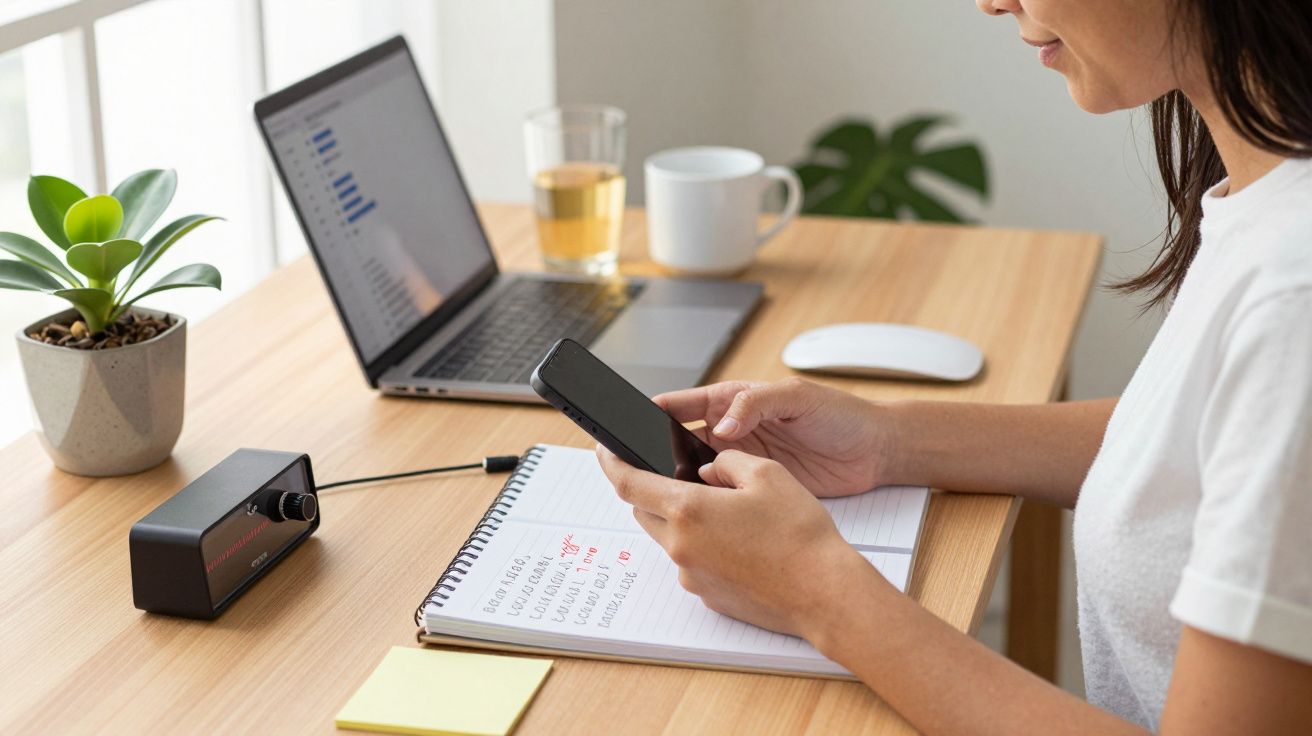 Mulher a trabalhar no computador, usa telemóvel e toma notas numa secretária com planta, chávena e janela à esquerda.