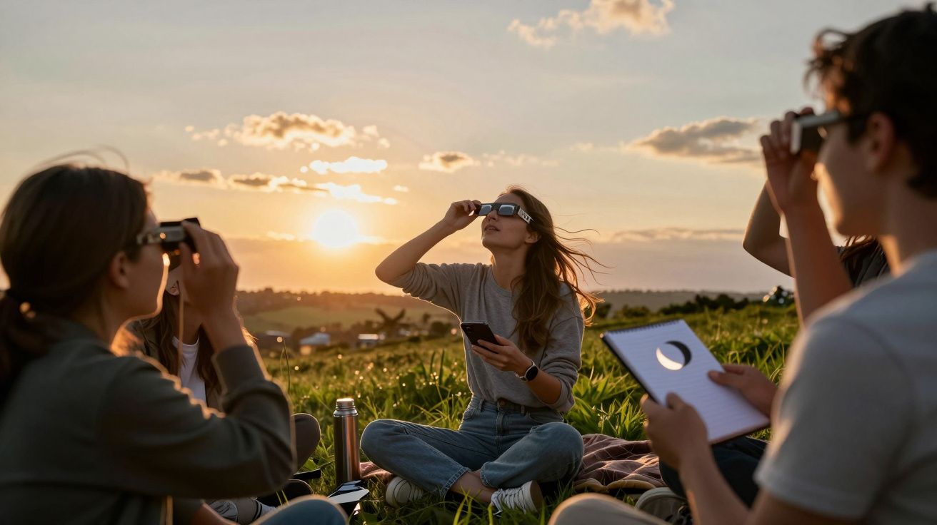 Grupo observa eclipse solar ao pôr do sol num campo, usando óculos especiais e papel com furo de projeção.