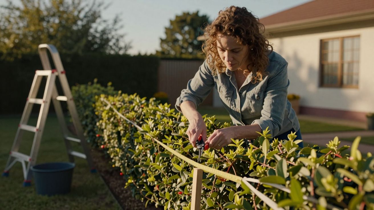 Mulher a podar arbusto no jardim com tesoura; escadote e casa ao fundo.