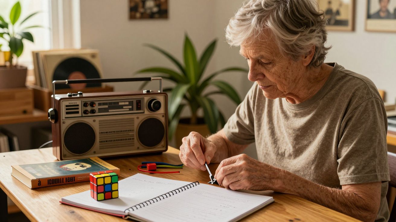 Idoso escreve num caderno numa mesa com cubo mágico, rádio antigo e planta ao fundo.