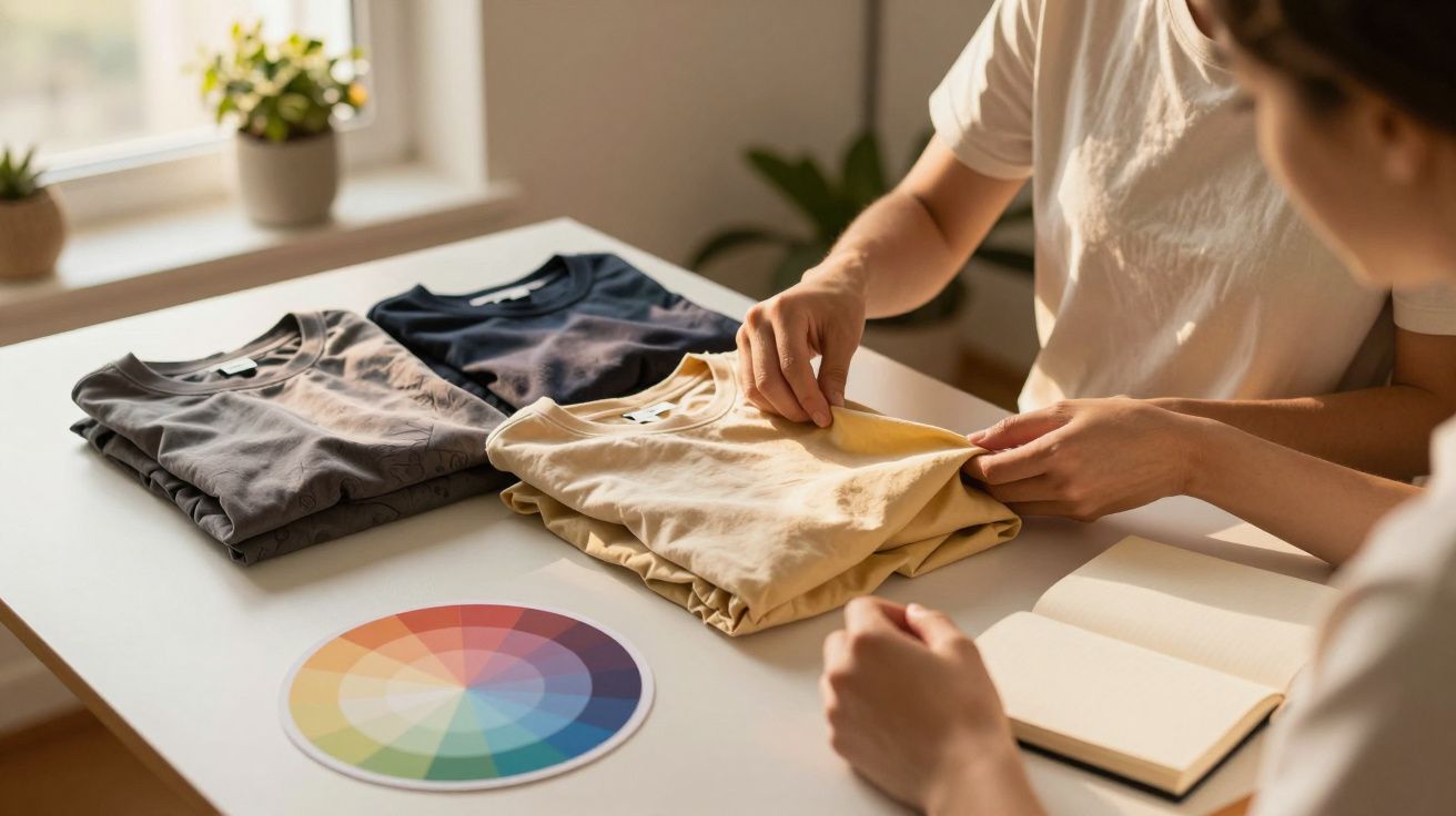 Pessoa a organizar t-shirts de cores num total de três pilhas, ao lado de um círculo cromático numa mesa branca.