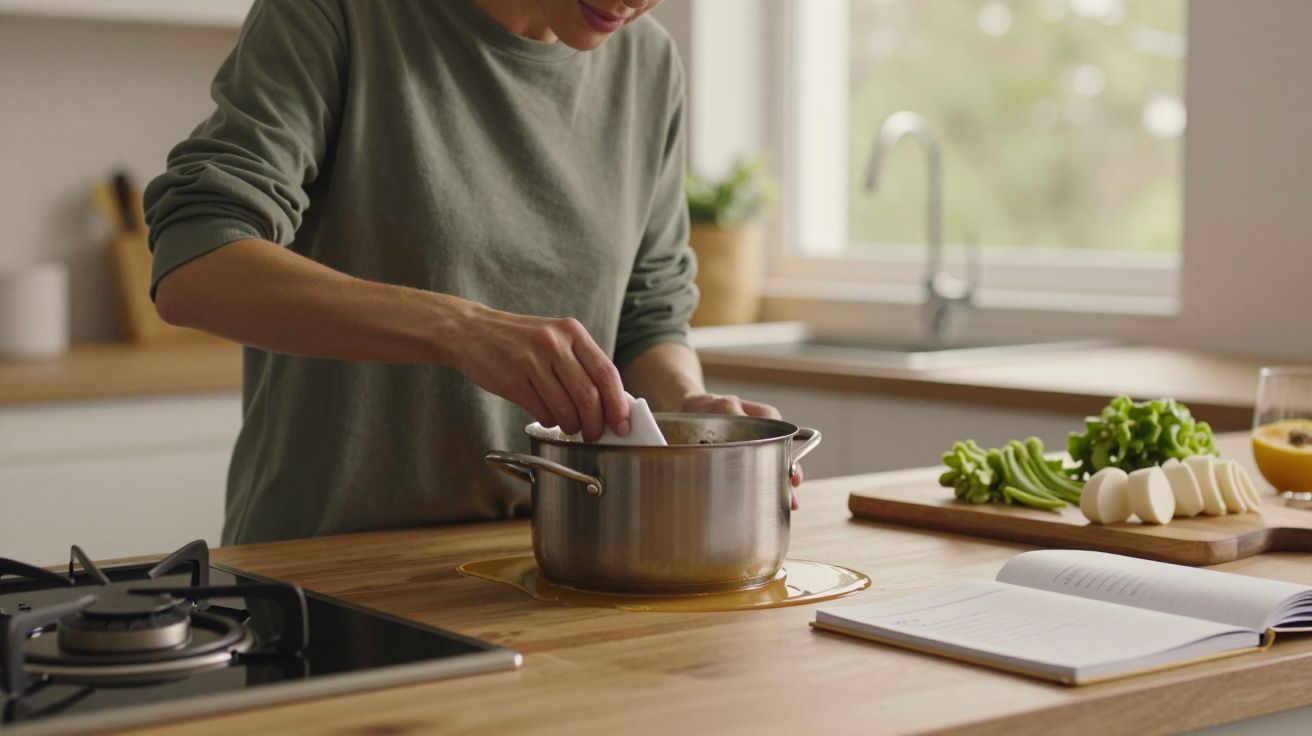 Pessoa cozinha numa panela, com vegetais e um livro de receitas sobre a bancada de madeira numa cozinha iluminada.