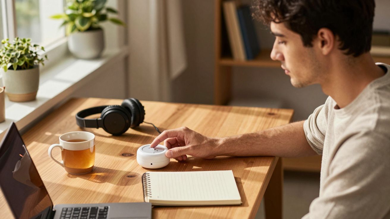 Homem sentado à secretária, a usar um assistente pessoal digital, com portátil, chávena, caderno e auscultadores ao lado.