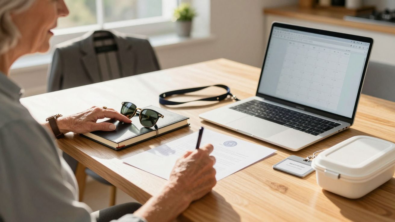 Pessoa trabalhando em mesa de escritório com portátil, documento, óculos de sol, e uma lunchbox.