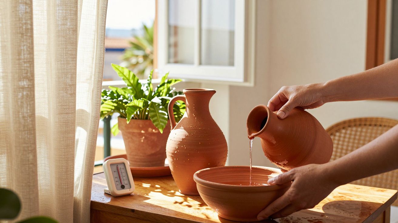 Pessoa a verter água de uma bilha de barro para uma tigela, com plantas num ambiente iluminado pelo sol.