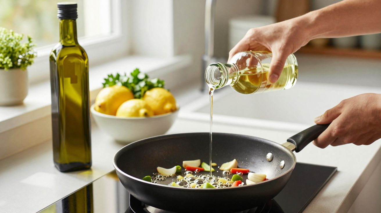 Mão despeja óleo numa frigideira com alho e pimentos. Ao fundo, garrafa de azeite e limões na bancada da cozinha.