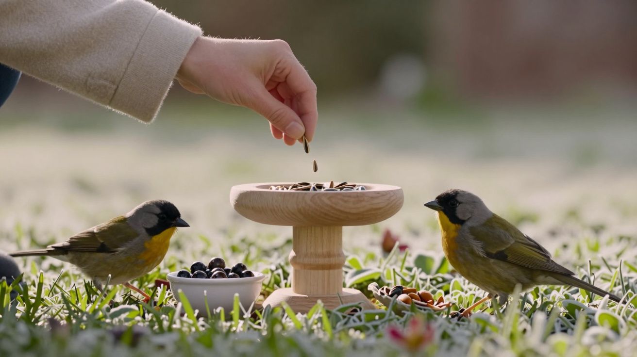 Mão coloca sementes num comedouro de madeira rodeado por pássaros e tigela com bagas num campo verde.