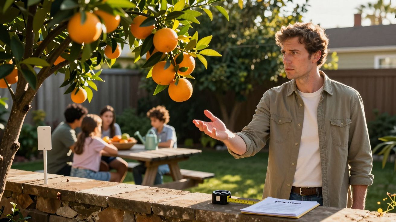Homem numa horta de laranjeiras, pessoas ao fundo a conversarem numa mesa de piquenique no jardim.
